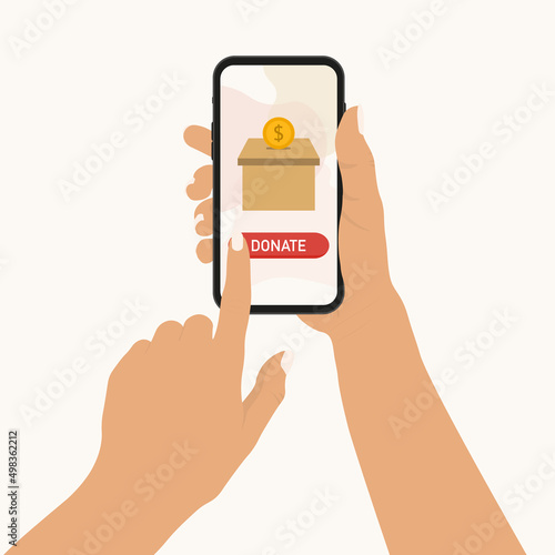 Hand holding smartphone for online donation in flat design. Time for charity concept. Money donation campaign. Vector illustration