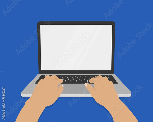 Hands on laptop keyboard with blank screen monitor. Vector illustration.