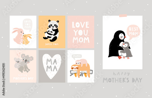 Mother's Day hand drawn style cards. posters with cute animal characters - mother and baby - panda, bear, koala, sloth, penguin and rabbit.