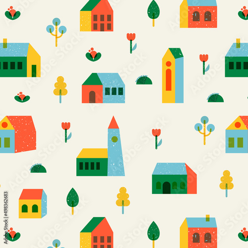 House and plant pattern. Small tiny townhouses of a Scandinavian minimalist city. Seamless vector background small city illustration. Vintage style drawing.