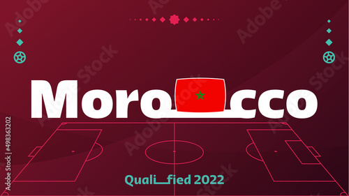 morocco flag and text on 2022 football tournament background. Vector illustration Football Pattern for banner, card, website. national flag Morocco Qatar cup. world 2022