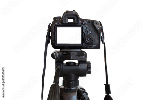 Dslr camera with white screen on the tripod isolated on white background. White screen camera photo