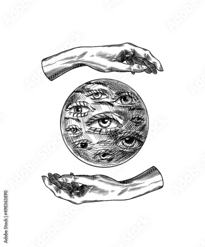 Bohemian magic ball with eyes sketch. Fortune Hands. Vintage engraving Mystical esoteric occult element in boho style. Doodle outline. Hand drawing. Vector illustration.