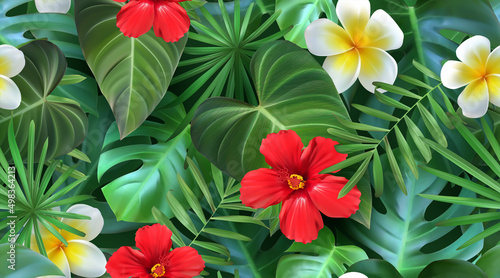 Realistic seamless tropical pattern with exotic leaves and flowers. Vector illustration