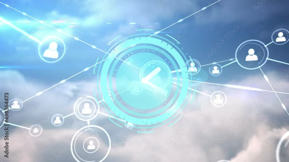 Animation of clock moving and network of connections over sky with clouds Animation of clock moving and network of connections over sky with clouds