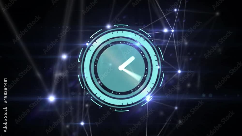 Animation of network of connections and clock moving over black background Animation of network of connections and clock moving over black background