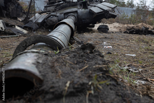 A Russian tank destroyed by the Ukrainian army in the streets of Bucha Ukraine during the fighting of the war