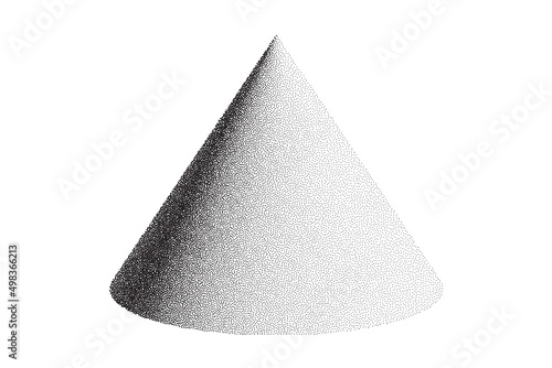 Dotwork 3d cone background. Sand grain effect shape. Black noise stipple dots. Abstract noise dotwork pyramid. Black dots grunge round elements. Stipple circles. Dotted 3d cone. Vector