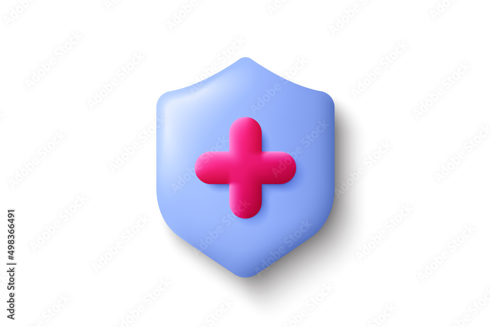 Obraz premium Health care 3d shield icon. Medical insurance concept. Safe pharmacy, emergency care. 3d render health insurance icon. Medical protection shield, immune defense. Vector