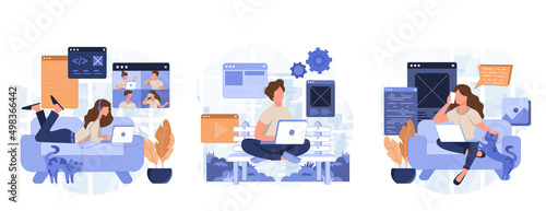 Freelance working isolated set in flat design. People doing remote work on laptops from home office, collection of scenes. Vector illustration for blogging, website, mobile app, promotional materials.