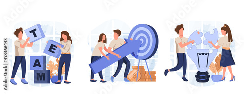Teamwork concept isolated person situations. Collection of scenes with people collaborate, generate ideas, targeting, leadership, achieve business goals. Vector illustration in flat design