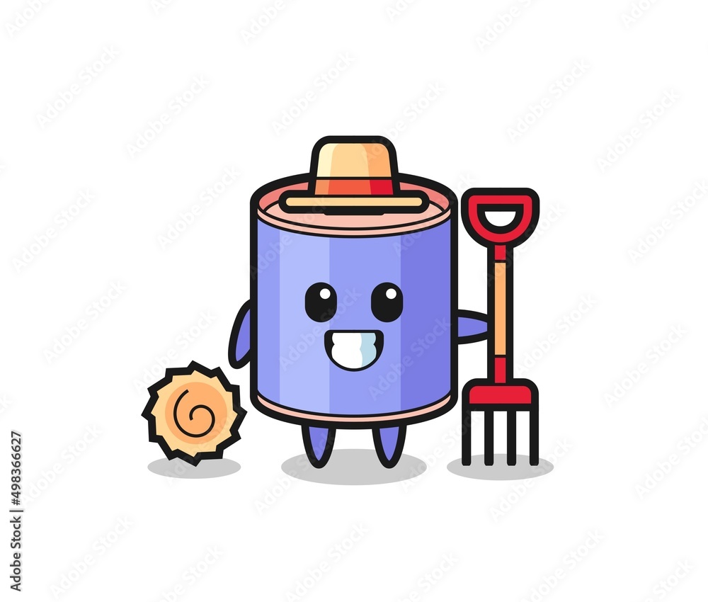 Mascot character of cylinder piggy bank as a farmer