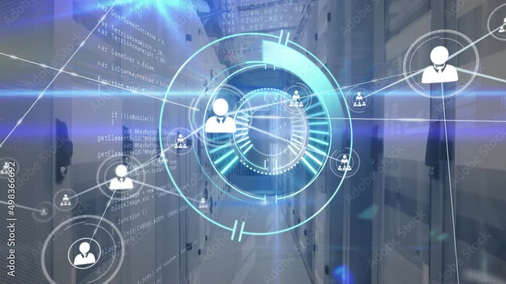 Animation of network of connection with icons over severer room Animation of network of connection with icons over severer room