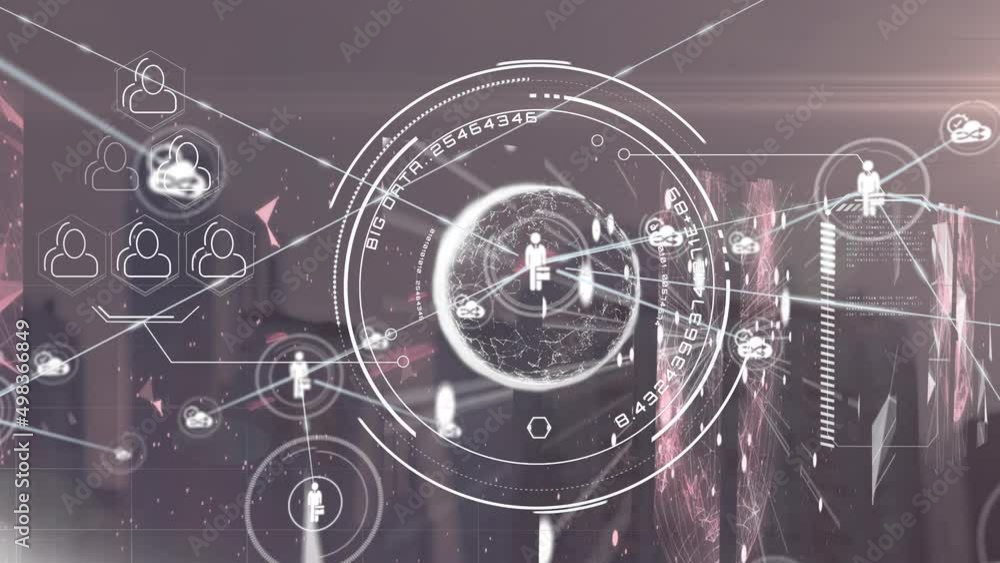 Animation of network of connection with icons and data processing over cityscape Animation of network of connection with icons and data processing over cityscape