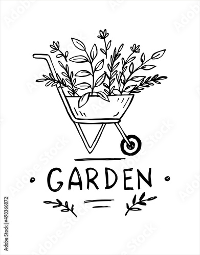 Sketch cart with plants. Isolated vector illustration.
