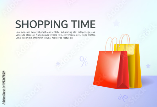 Online shopping. Packages for purchases and gifts. Banner concept of purchases and promotions, sale. Vector 3d illustration
