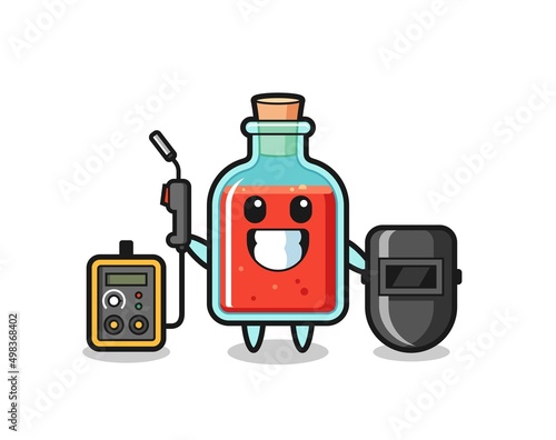 Character mascot of square poison bottle as a welder