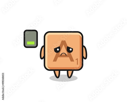 scrabble mascot character doing a tired gesture