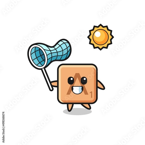 scrabble mascot illustration is catching butterfly