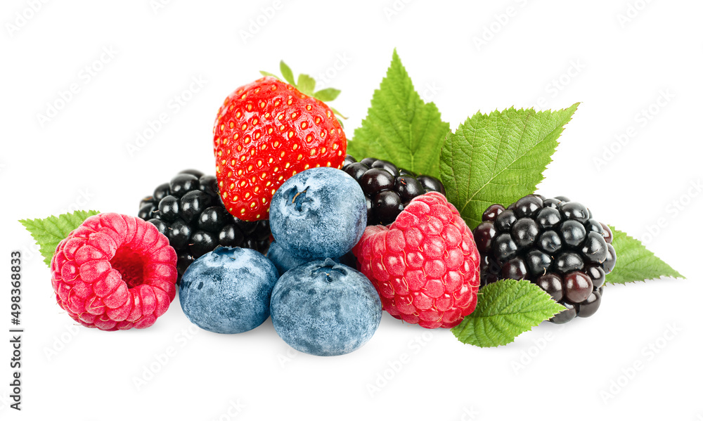 a bunch of strawberries, raspberries, blueberries and blackberries on a white isolated background a bunch of strawberries, raspberries, blueberries and blackberries on a white isolated background