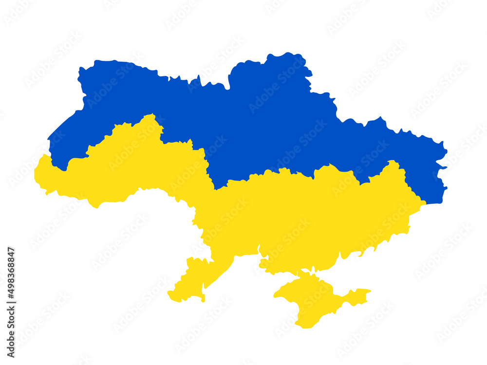 map of Ukraine painted in the colors of the flag on a white background