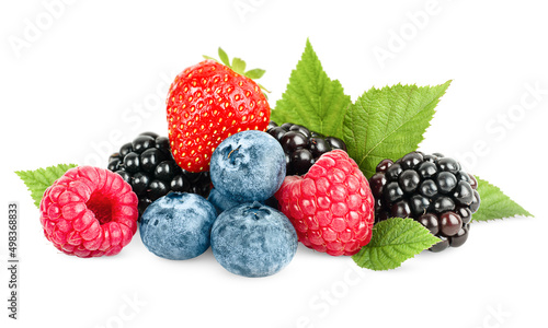 a bunch of strawberries, raspberries, blueberries and blackberries on a white isolated background