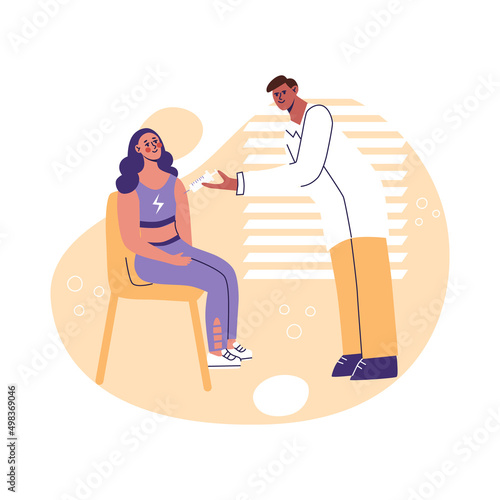Children vaccination. Pediatrician doctor make injection of flu or immunization for teenage girl. Healthcare, preventation, treatment vector flat illustration
