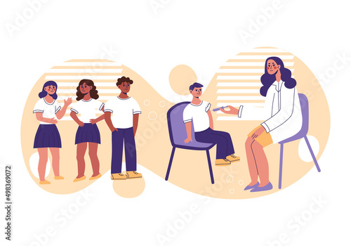 Children vaccination. Group of children of different nationalities vaccinated at school. Pediatrician doctor make injection of flu or immunization. Healthcare, preventation, vector flat illustration