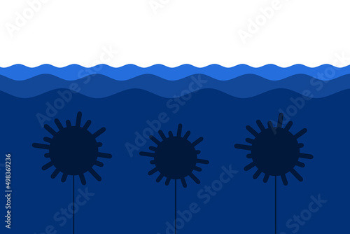 Naval mine in the sea and ocean - dangerous explosive blast in the water. Hidden anc concealed military underwater weapon. Vector illustration.