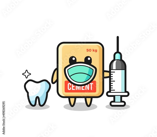 Mascot character of cement sack as a dentist