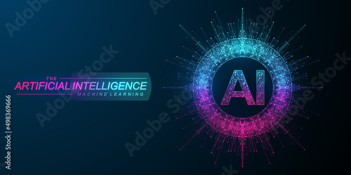 Artificial intelligence logo. Machine Learning concept. Digital Brain. Neural Networks and Learning Processing Big Data. Data flow background. Vector illustration