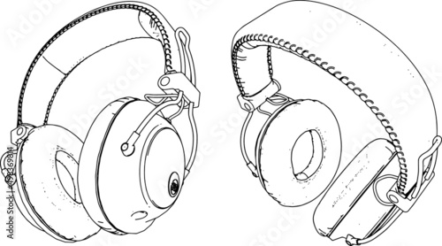 bluetooth headphones multi-angle contour vintage style, retro in perspective 