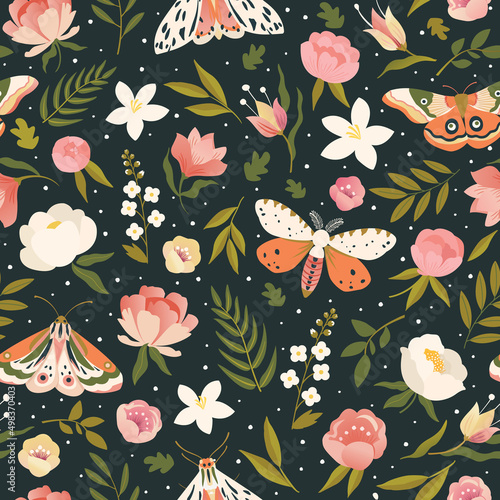 Colorful seamless pattern with insects and flowers. Summer floral repeat background for fabrics or wallpapers. Butterfly design.
