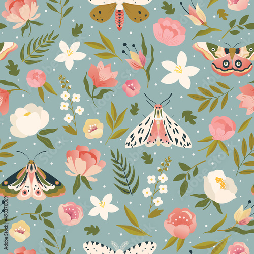 Colorful seamless pattern with insects and flowers. Summer floral repeat background for fabrics or wallpapers. Butterfly design.