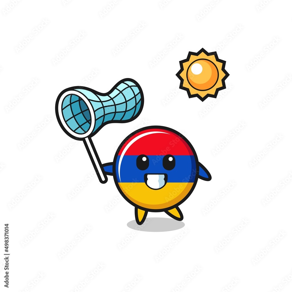 Fototapeta premium armenia flag mascot illustration is catching butterfly