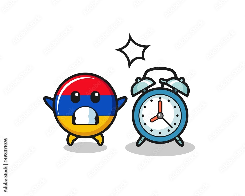 Fototapeta premium Cartoon Illustration of armenia flag is surprised with a giant alarm clock