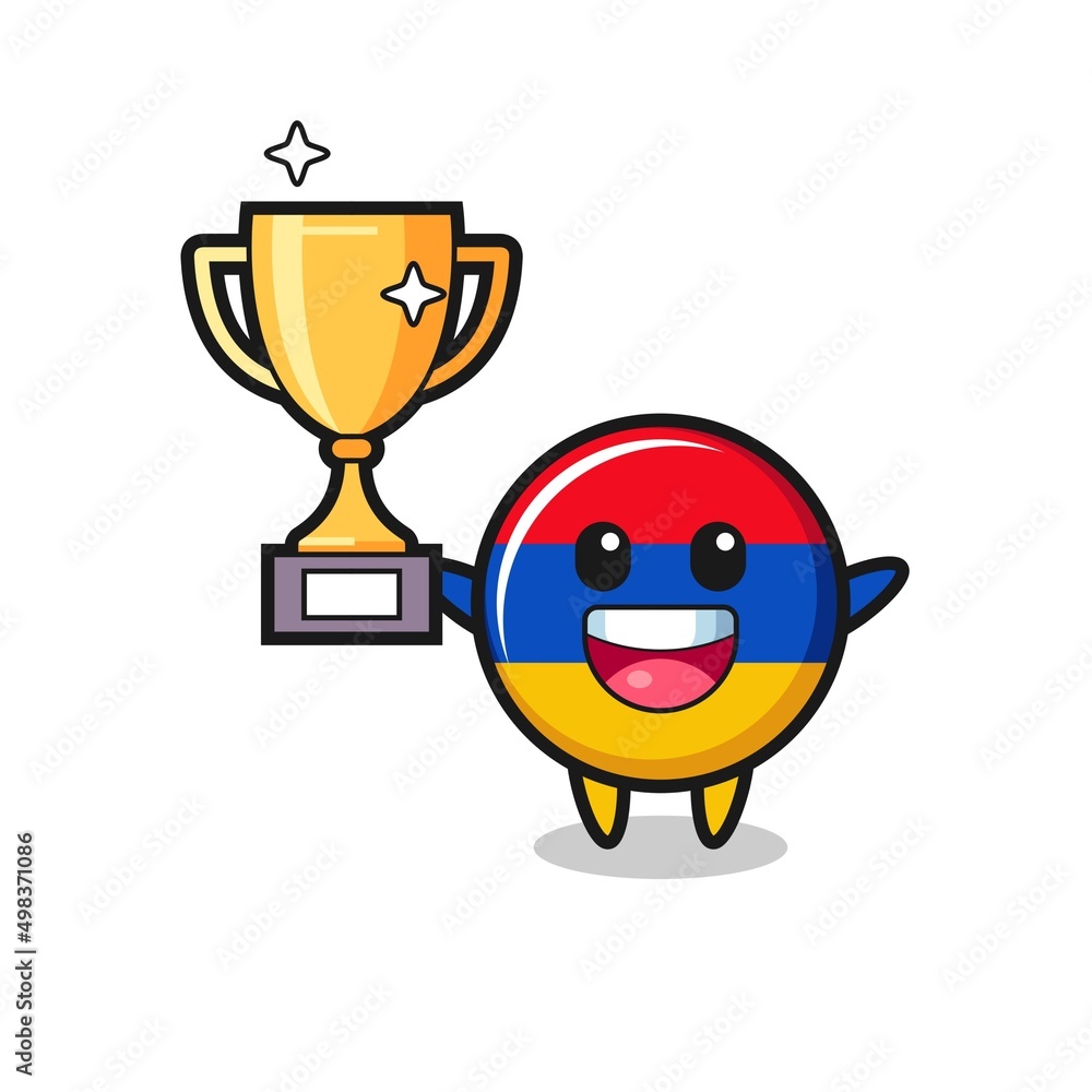 Fototapeta premium Cartoon Illustration of armenia flag is happy holding up the golden trophy