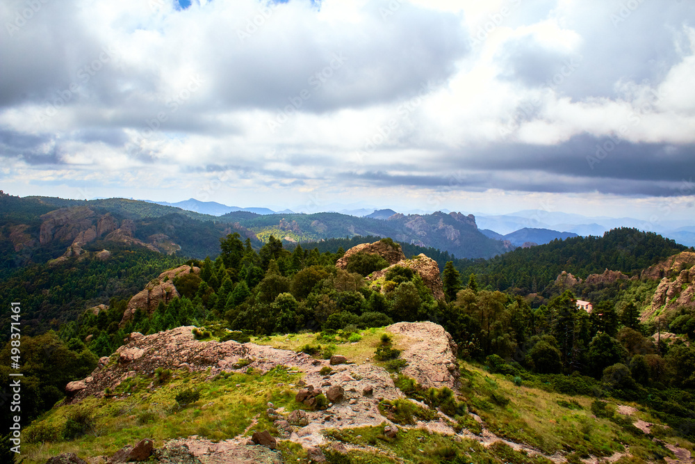 paisaje nublado con un gran bosque entre montañas con rocas salientes en mineral del chico hidalgo