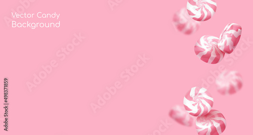 Banner with realistic falling pink glossy candies, lollipops. Look like 3d rendering. Vector illustration for card, party, design, flyer, poster, banner, web, advertising.