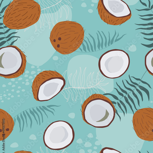 Seamless pattern with coconut and palm leaves. Tropical abstract summer print. Vector graphics.