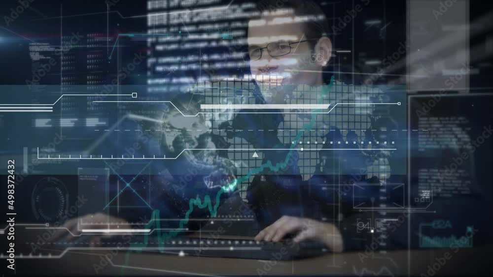 Animation of financial data processing over man using computer Animation of financial data processing over man using computer