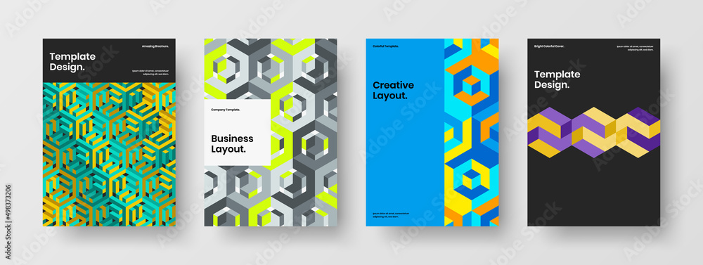 Isolated handbill A4 vector design template set. Trendy geometric hexagons magazine cover layout collection.