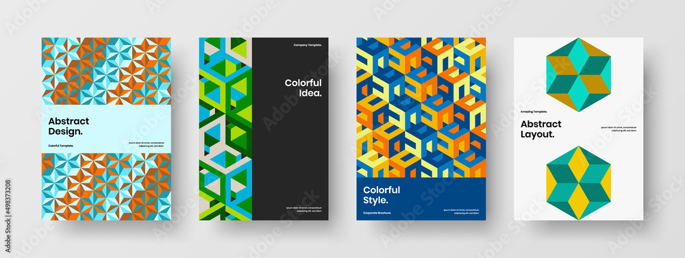 Creative company brochure design vector layout composition. Abstract mosaic pattern front page template set.