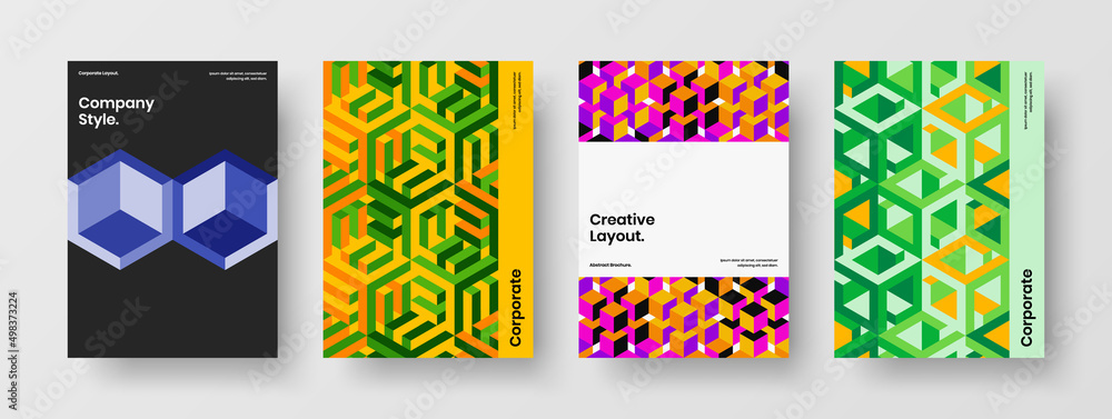 Trendy corporate cover design vector layout set. Vivid geometric hexagons annual report template collection.