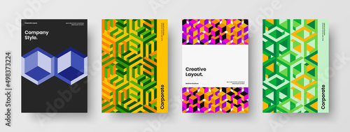 Trendy corporate cover design vector layout set. Vivid geometric hexagons annual report template collection.