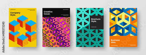 Vivid presentation A4 design vector template set. Bright geometric pattern book cover illustration bundle.