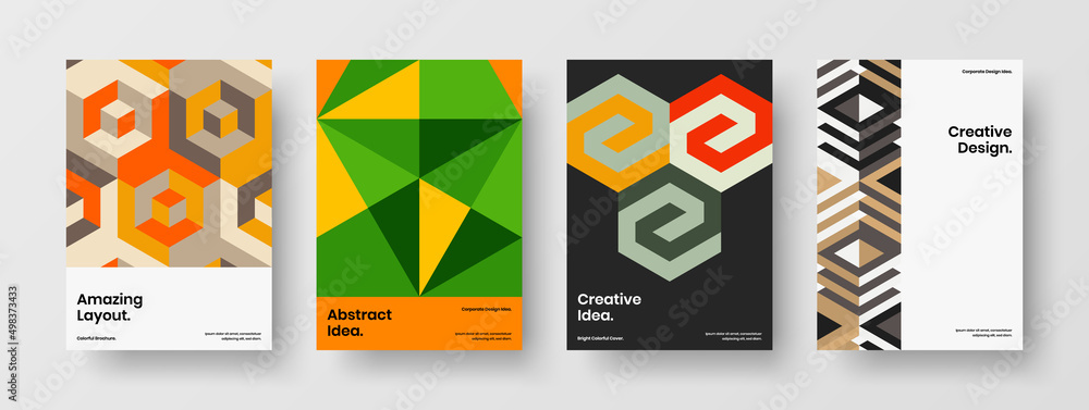 Original mosaic hexagons front page illustration collection. Colorful magazine cover A4 vector design concept set.
