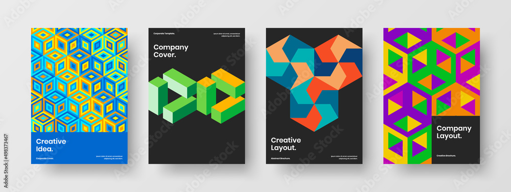 Premium geometric hexagons magazine cover illustration bundle. Bright company brochure A4 design vector concept composition.