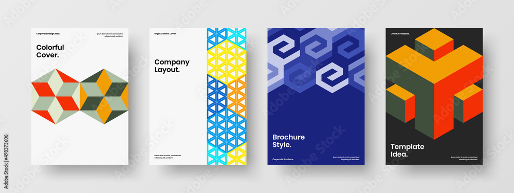 Creative handbill A4 vector design layout set. Clean mosaic hexagons catalog cover illustration collection.