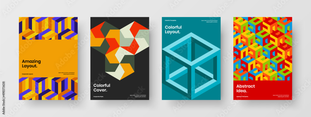 Multicolored mosaic hexagons leaflet layout set. Simple postcard design vector template bundle.